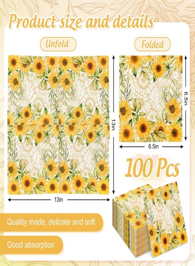 FYSUIMU 100Pcs Summer Sunflower Napkins Watercolor Sunflower Disposable Cocktail Napkins Yellow Floral Dinner Dessert Beverage Napkin for Wedding Birthday Baby Shower Holiday Party Table Supplies - Image 2